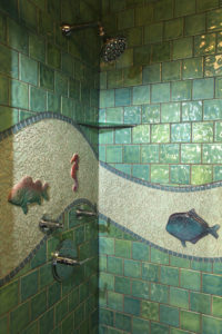 Custom porcelain tile, glass and custom fish bathroom 