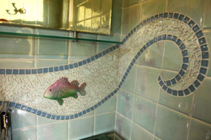 Custom porcelain tile, glass and custom fish bathroom 