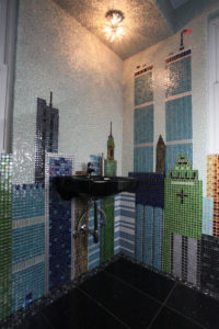 Glass bathroom with NY city theme